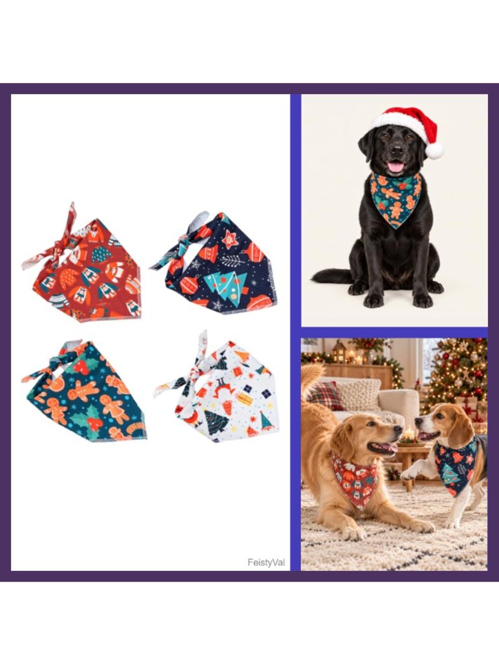 4 Pack Dog Christmas Bandanas Polyester Over-the-Neck Holiday Scarf